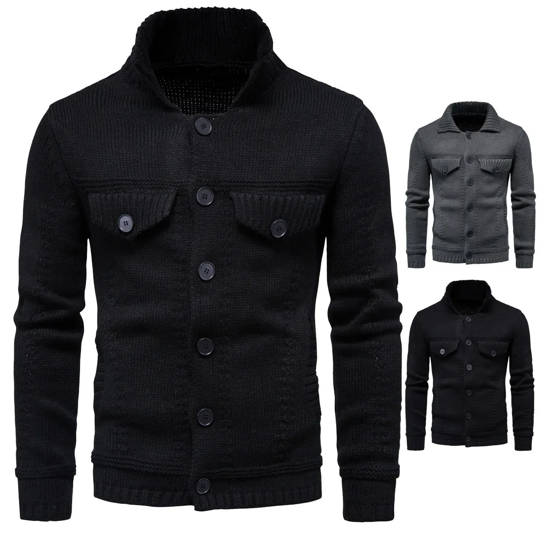 2026 Autumn New Men Turn Down Collar Multi Pocket Workwear Cardigan Solid Color Leisure Outerwear Slim Fit Trendy Top