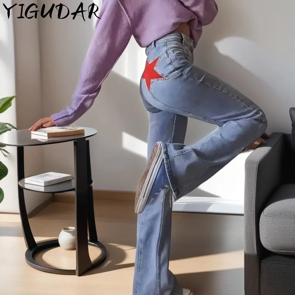 

2024 New Five Pointed Star Blue Jeans Women Vintage Mid Waist Contrast cargo Pants Casual Flared Y2k Denim Streetwear trousers