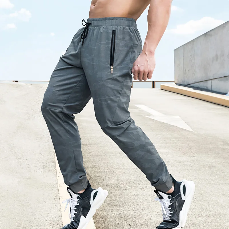 Stretch Men\'s Sweatpants Gym Fitness Quick Dry Running Pants Outdoor Training Jogging Casual Pants Men Zipper Pocket Sweatpants