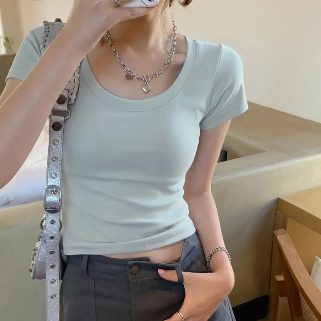 

Women's U-Neck Clavicle T-Shirt Short Sleeve Cotton Summer Top Pure Generation Hot Girls Shoulder Exposed Tight Fit