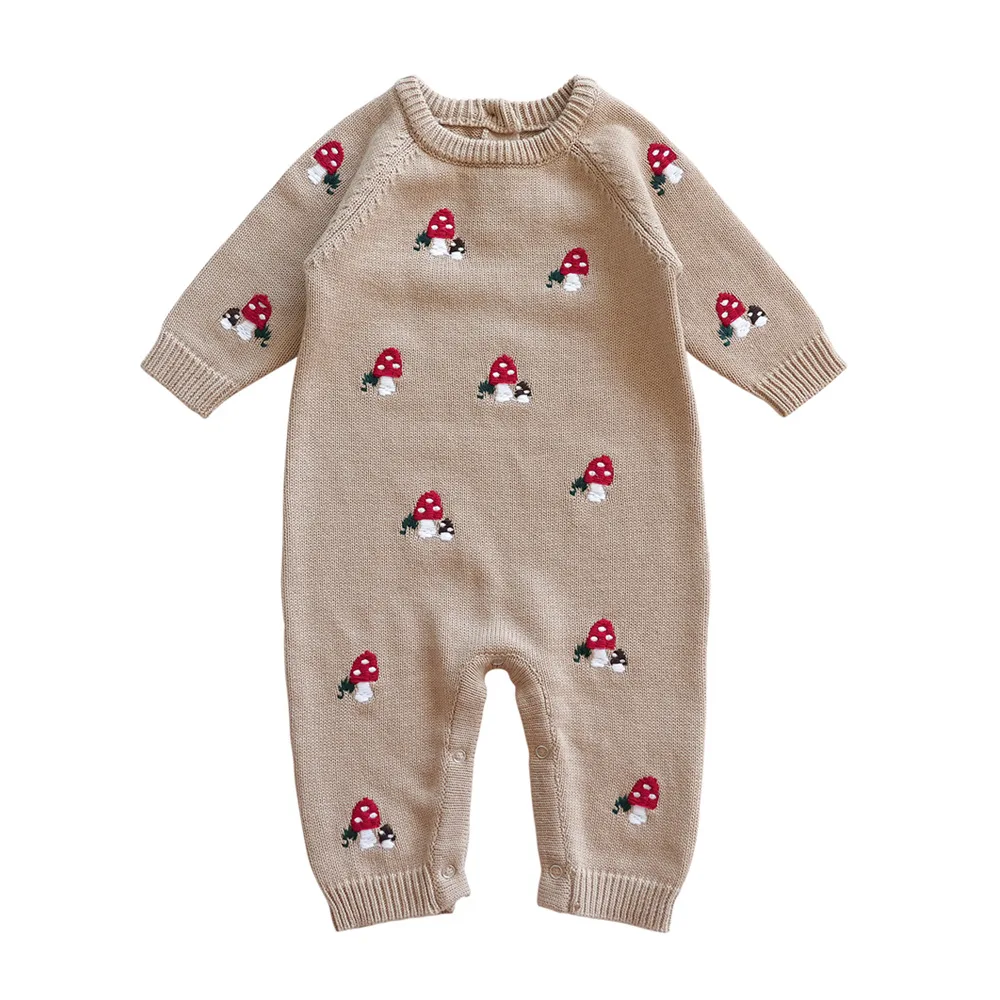 Roupas de bebê menino/menina bodysuit primavera roupas bonito cogumelos bordados malha macacão de algodão para recém-nascidos roupas 2025