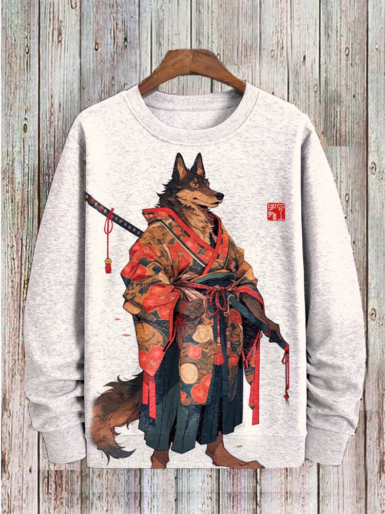 

2024 Men's Long Sleeve Funny Dog Japanese Kimono Samurai Art Print Streetwear Casual Sweatshirt