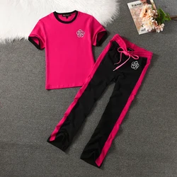 100% Pure Cotton Women's Suit, Outdoor Sports Short-Sleeved Suit, Trousers Suit, Casual Color Matching T-Shirt + Sports Trousers