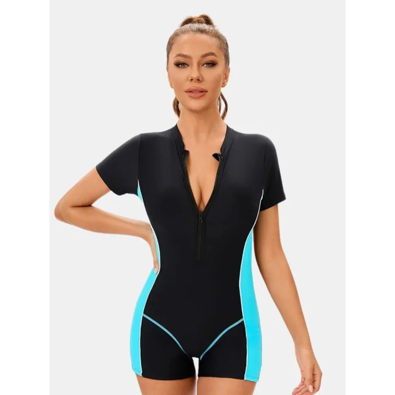

Купальный костюм с короткими рукавами и цветными блоками Boyleg, быстросохнущий костюм для серфинга, тренировочный купальник, спортивный цельный женский спортивный купальник