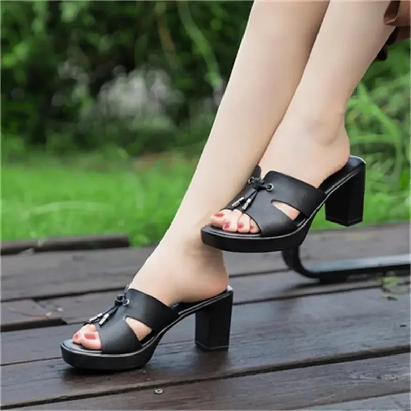 Small Size 35-41 Elegant Knot Block High Heels Slides Women Platform Shoes Summer Outside Model Office Thick Sole Slippers