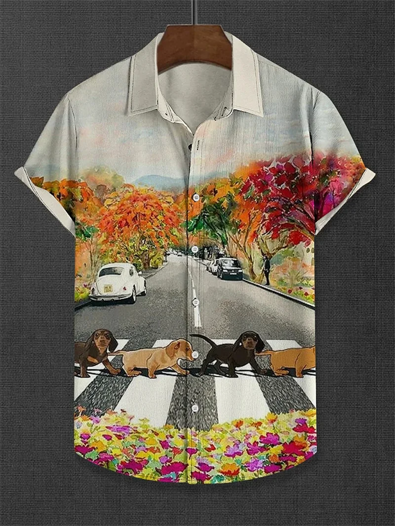 

Breathable men's shirt high-definition puppy art illustration printing 3D flower fashion lapel Henry