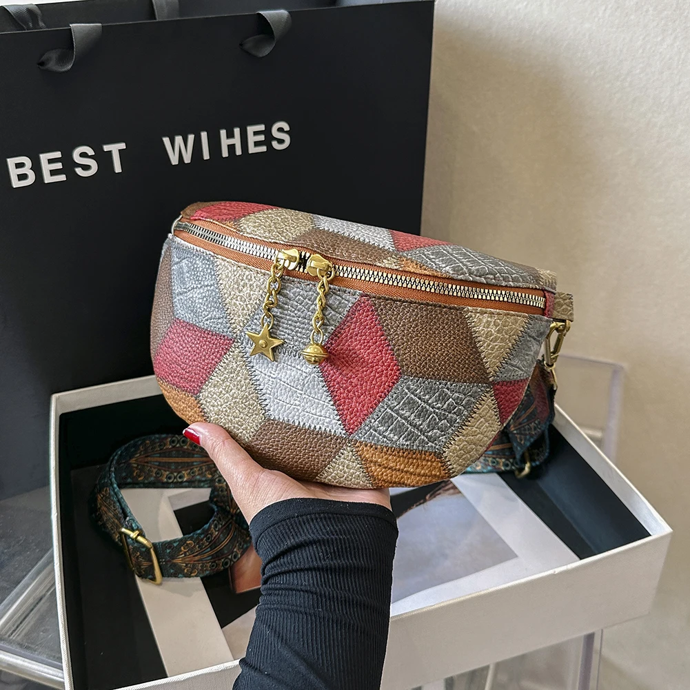 

Женская повседневная поясная сумка в стиле пэчворк, ретро сумка через плечо, модная многофункциональная эстетичная универсальная сумка-саквояж с цветными блоками