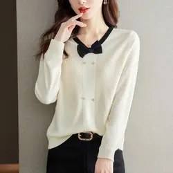 Women's Clothing Screw Thread Solid Color Pullover Bow Lantern Long Sleeve Round Neck Sweater Knitted Autumn Winter Korean Tops