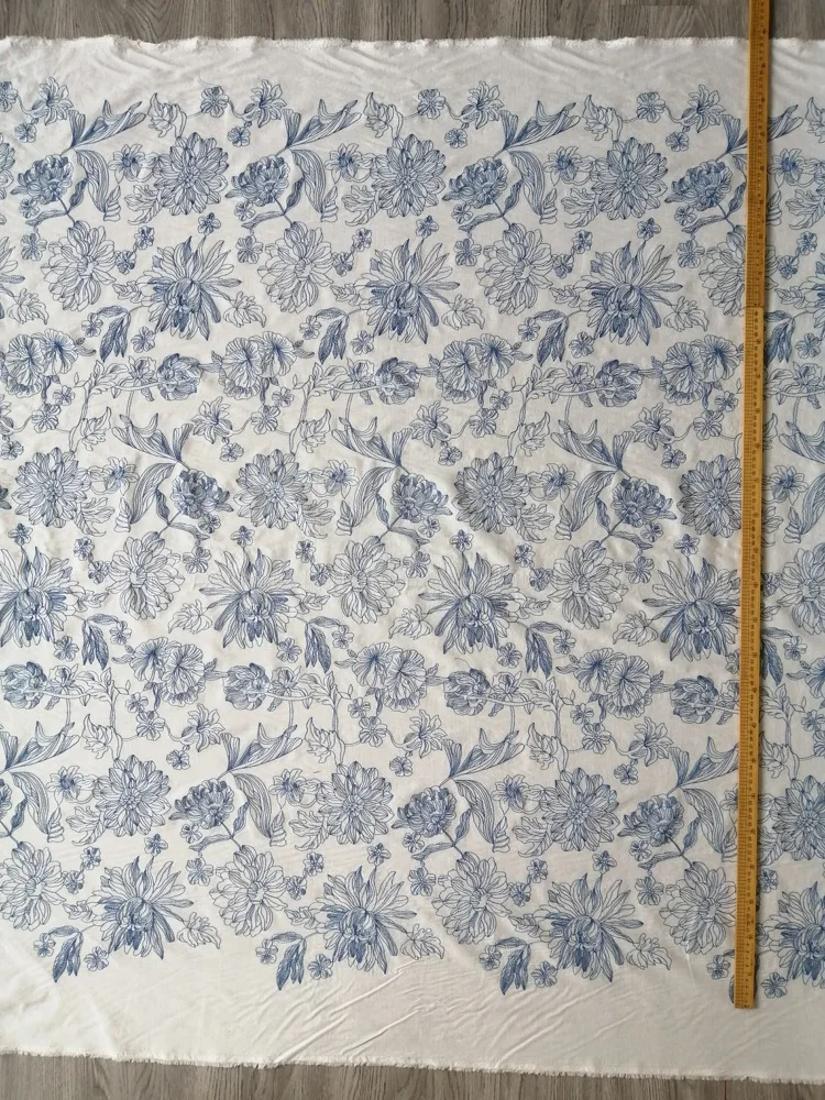 Blue ivory cotton or Linen viscose embroidery fabric for woman dress shirt clothing with big flower pattarn sewing by 2 meter