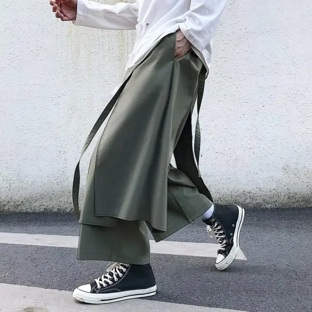Fake Two-Piece Pants Men Male New Loose Wide-Leg Trousers Casual Straight Streetwear Spring Autumn Hip-Hop Pantalons Capris