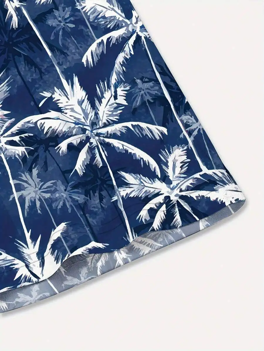 

Mens Blue Tropical Palm Tree Print Casual Short Sleeve Button Up Shirt