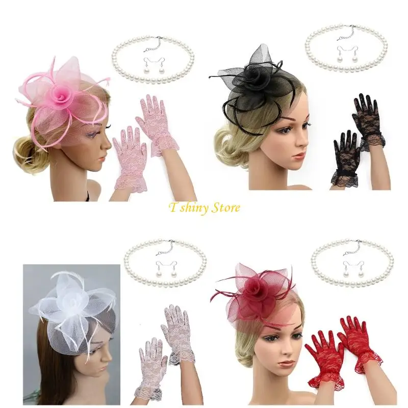 

N58F Embellished Headwear Fascinator Hat Gloves Set for Women Teas Party with Imitation Pearls Necklace and Earring