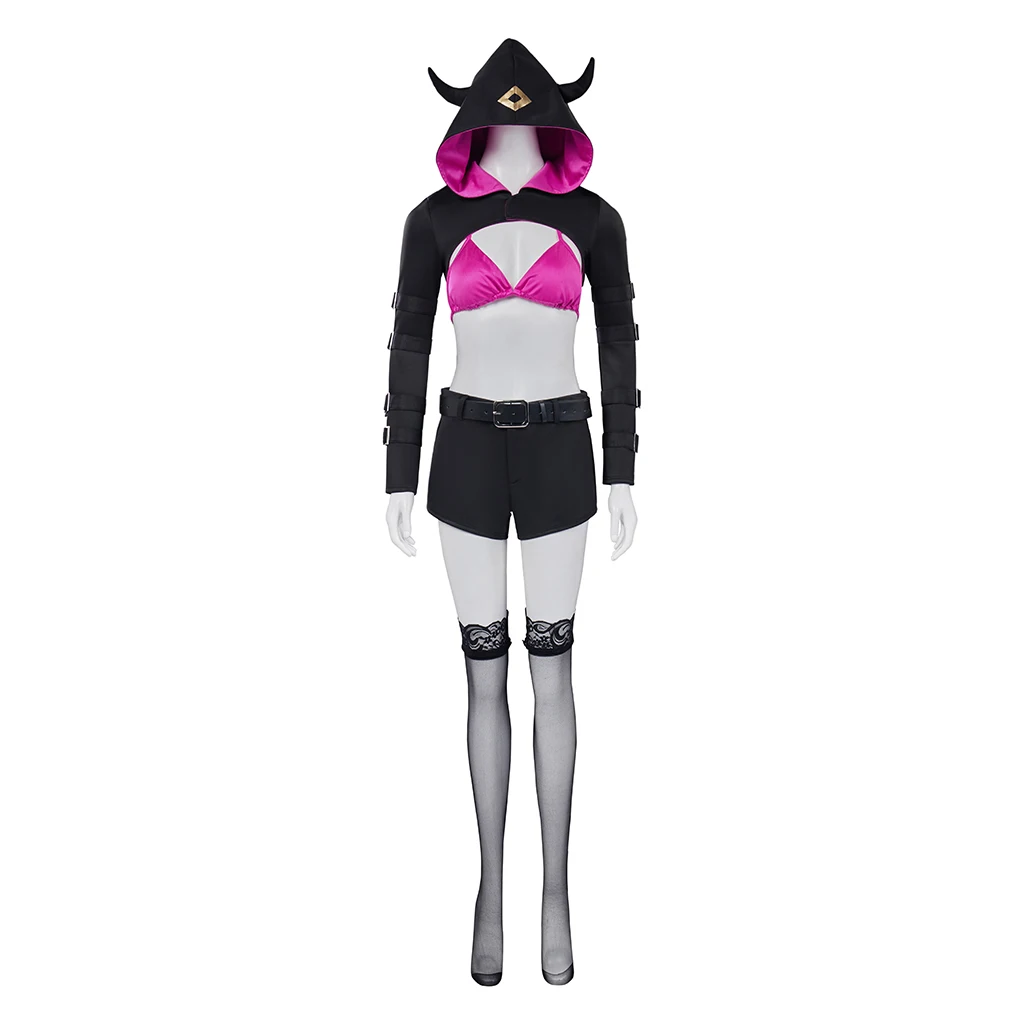 

Game Cosplay Costume Sexy Rose Pink Bikini Bra Black Shorts Hoodie Set Women Halloween Carnival Party Outfits