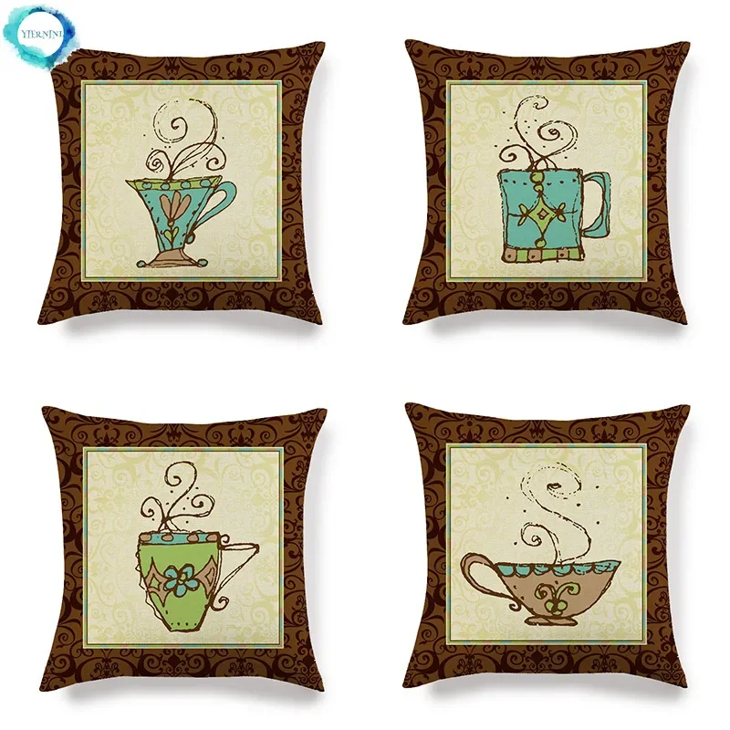 

Floral Cups Cotton Linen Cushion Cover Retro Pattern Cartoon Decorative Pillowcase Home Decor Sofa Couch Pillow Cover 45X45CM