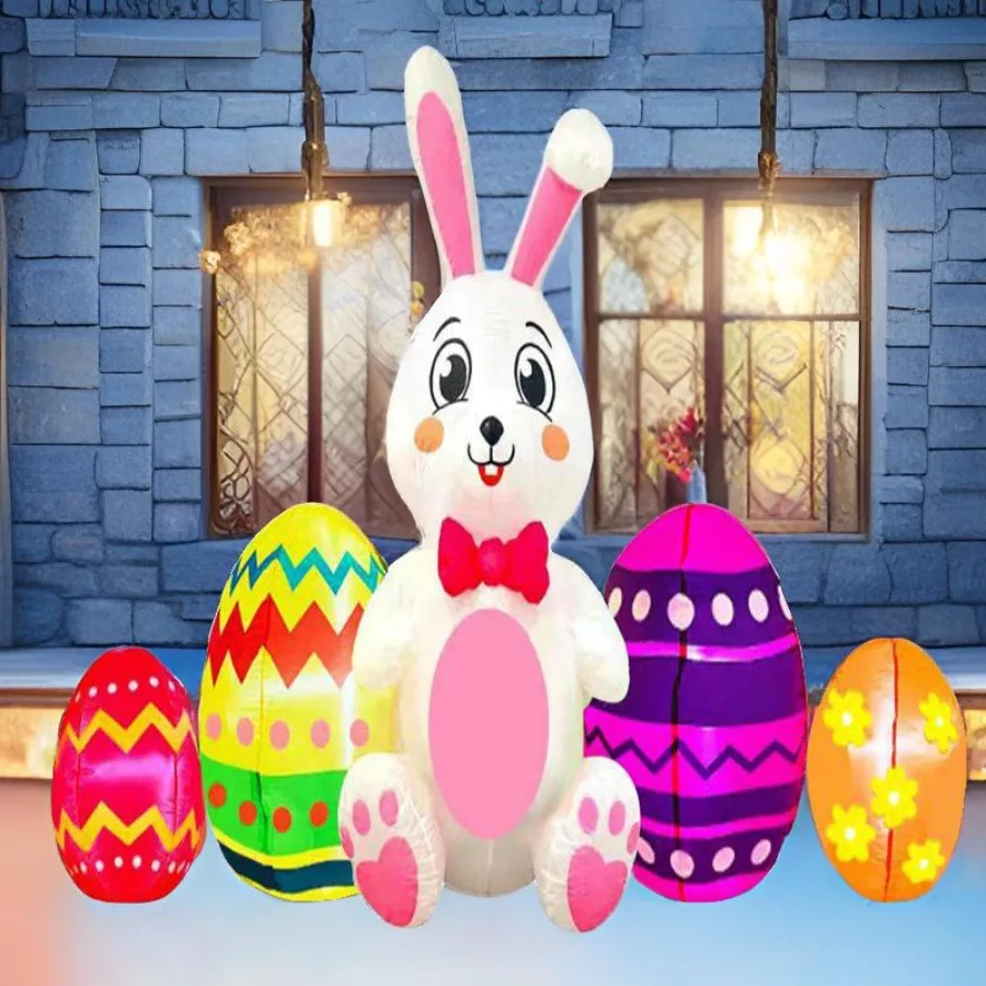 Easter 1 Bunny and 4 Eggs LED Light-Up Inflatable Decoration for InDoor Outdoor Garden Door Way Party Holiday Festivities Decor