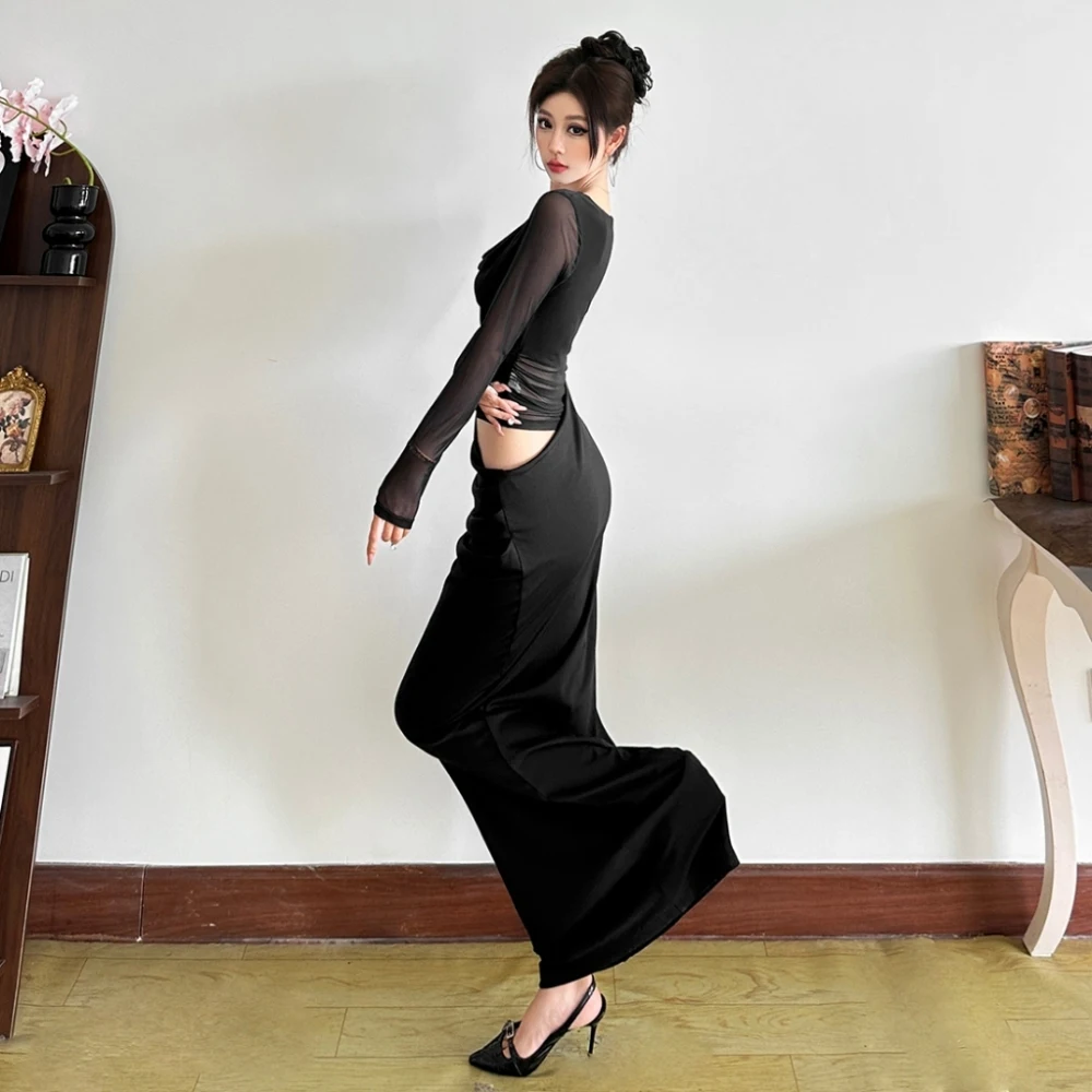 فساتين طويلة أنيقة مكشكشة من SylCue للسيدات، رقبة منخفضة وأكمام طويلة، تصميم مجوف بدون خصر، تصميم عصري غير رسمي