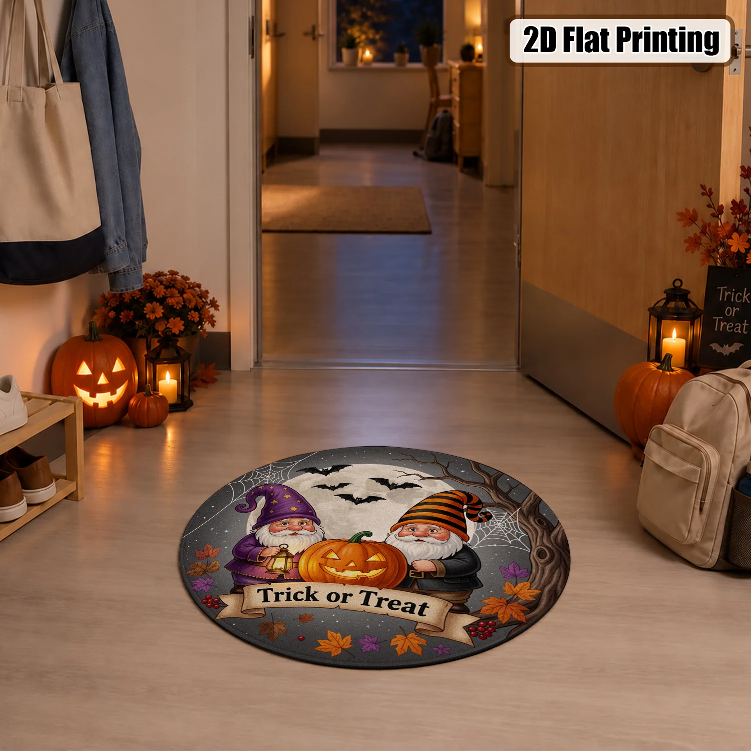 Halloween Gnome Jack-o-Lantern Bat Moon Trick or Treat Round Velvet Doormat, Machine Washable, Stable Placement, Ideal for Entryway, Living Room, Porch, Patio, Great for Halloween, Thanksgiving, Christmas, New Year, Black Friday, Cyber Monday Decor