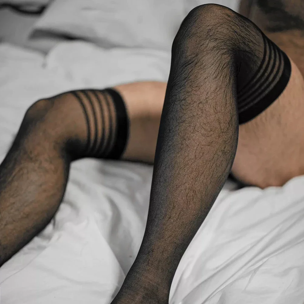 

Men Leotard Sexy Breath Black Mesh Socks Slimming Nightclub See Through Stockings Sissy Lingerie High Stretch Erotic Thigh-highs
