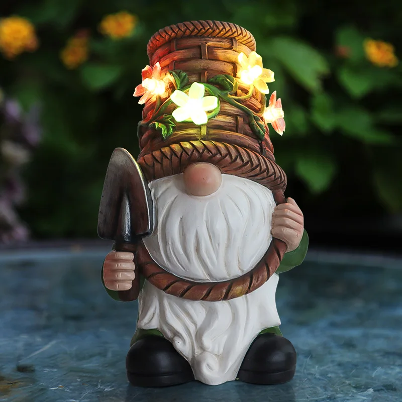 Solar Powered Garden Gnome Statue with LED Lights, Waterproof Resin Figurine for Outdoor Patio, Lawn, Yard Decoration