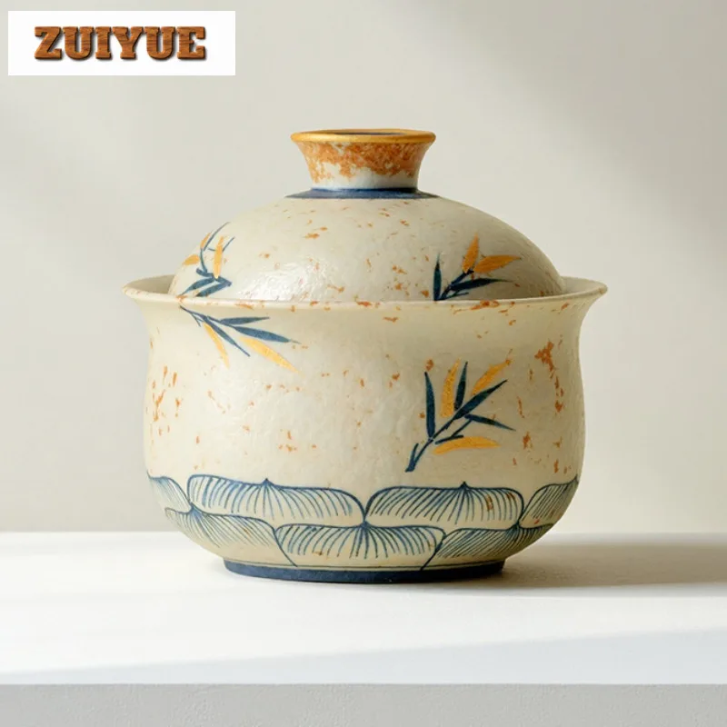 

150 мл Карамельная глазурь, ручная роспись, бамбуковая гаваньская ретро-чайная вареница, чайная чаша с крышкой, набор чайника, крышка, миска, китайский чайный сервиз, подарок