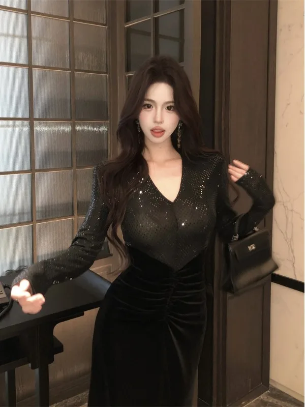 Velluto con paillettes Patchwork V-Ne Lungo Sve Donna Dr Autunno Inverno Vita alta Aderente Dr Ele Gonna aderente