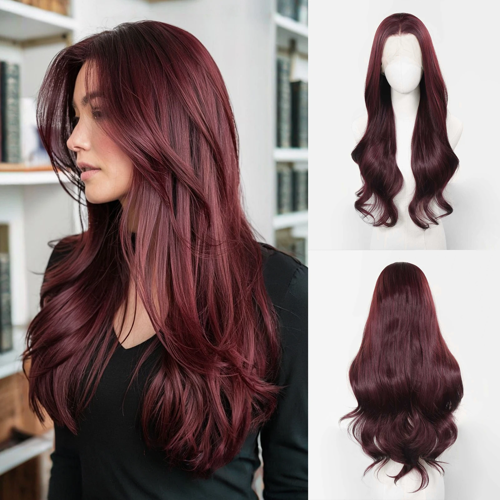 

24 Inch Long Curly Wine Colored Silk Synthetic Lace Front Wig Free Part 13*4 Red Wavy Heat Resistant Fiber Hair Wigs 150%Density