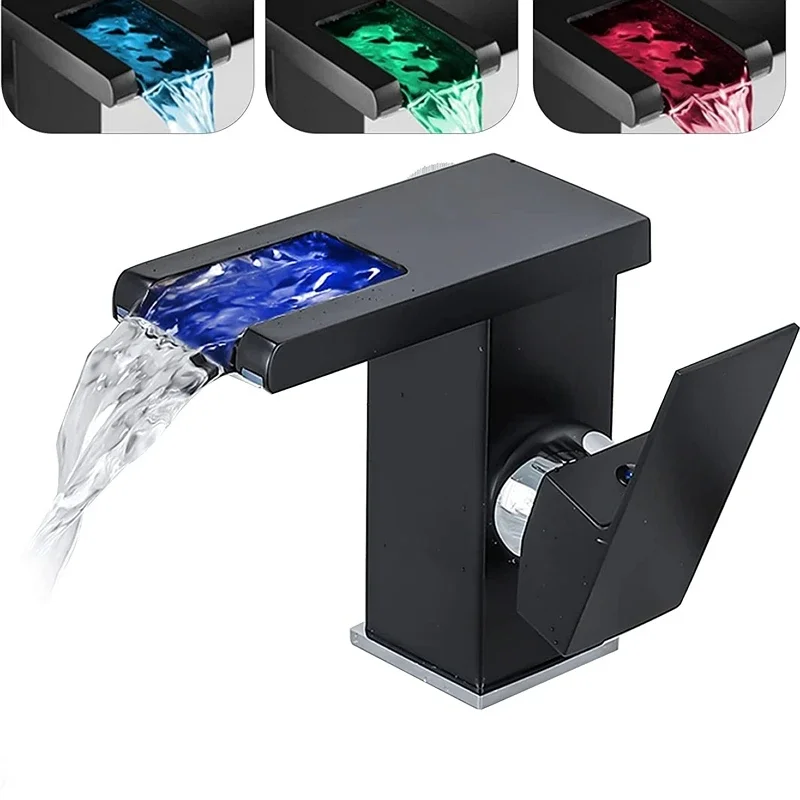 Black Waterfall Bathroom Basin Faucet LED Luminous Copper Sink Tap 3 Colors Changing Temperature Toilet Hot and Cold Mixer Tap