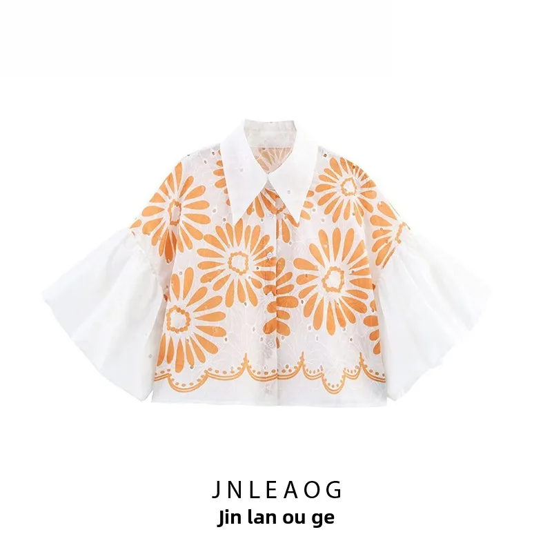 

JNLEAOG Fashionable Bubble Sleeve Shirt Women's Commuter Style Polyester Fiber Regular Sleeve Length Long Collar Print Design