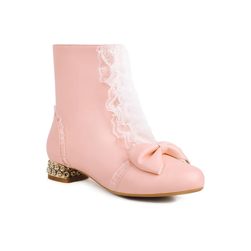 Winter 2023 Zoete Lolita Stijl Vlinder-Knoop Kant Enkellaarzen Dames Zijde Rits Lage Hak Feest Vrouwen Schoenen Roze Beigr Wit