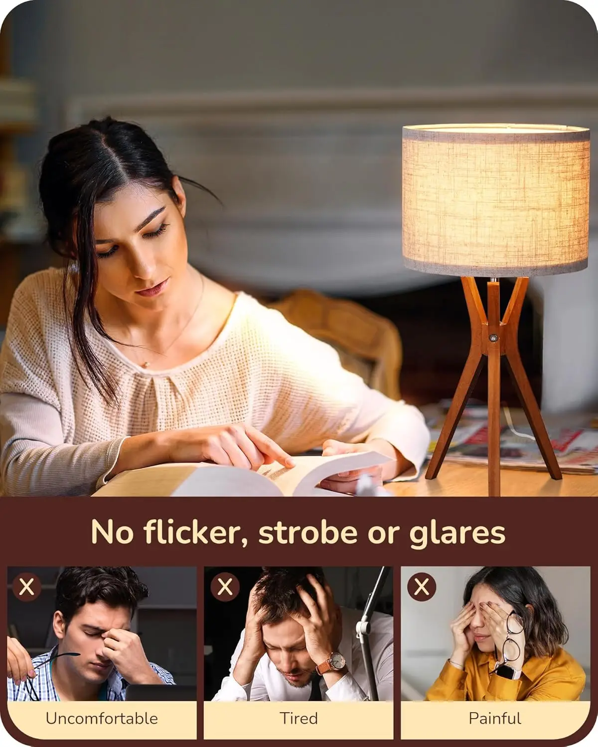 Lámpara de mesa con trípode de mediados de siglo, base de madera profunda de 17,5' y pantalla de lino beige, lámpara de mesita de noche E26 para dormitorio, sala de estar