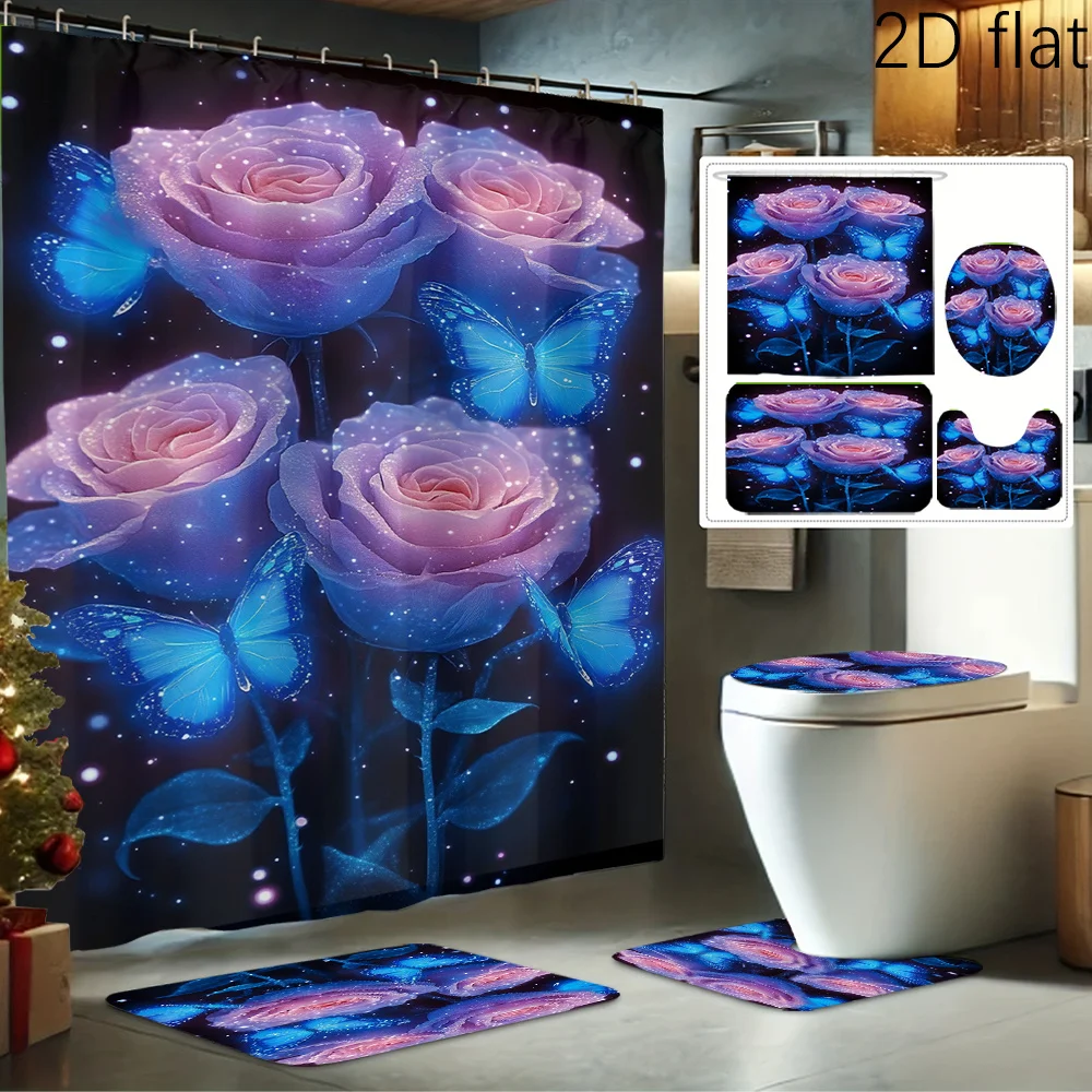 

2Dflat 1pc/4pcs Fantasy Rose Butterfly Dance Print Shower Curtain Set, Decorative Bathroom Set Includes Shower Curtain, Non-Slip
