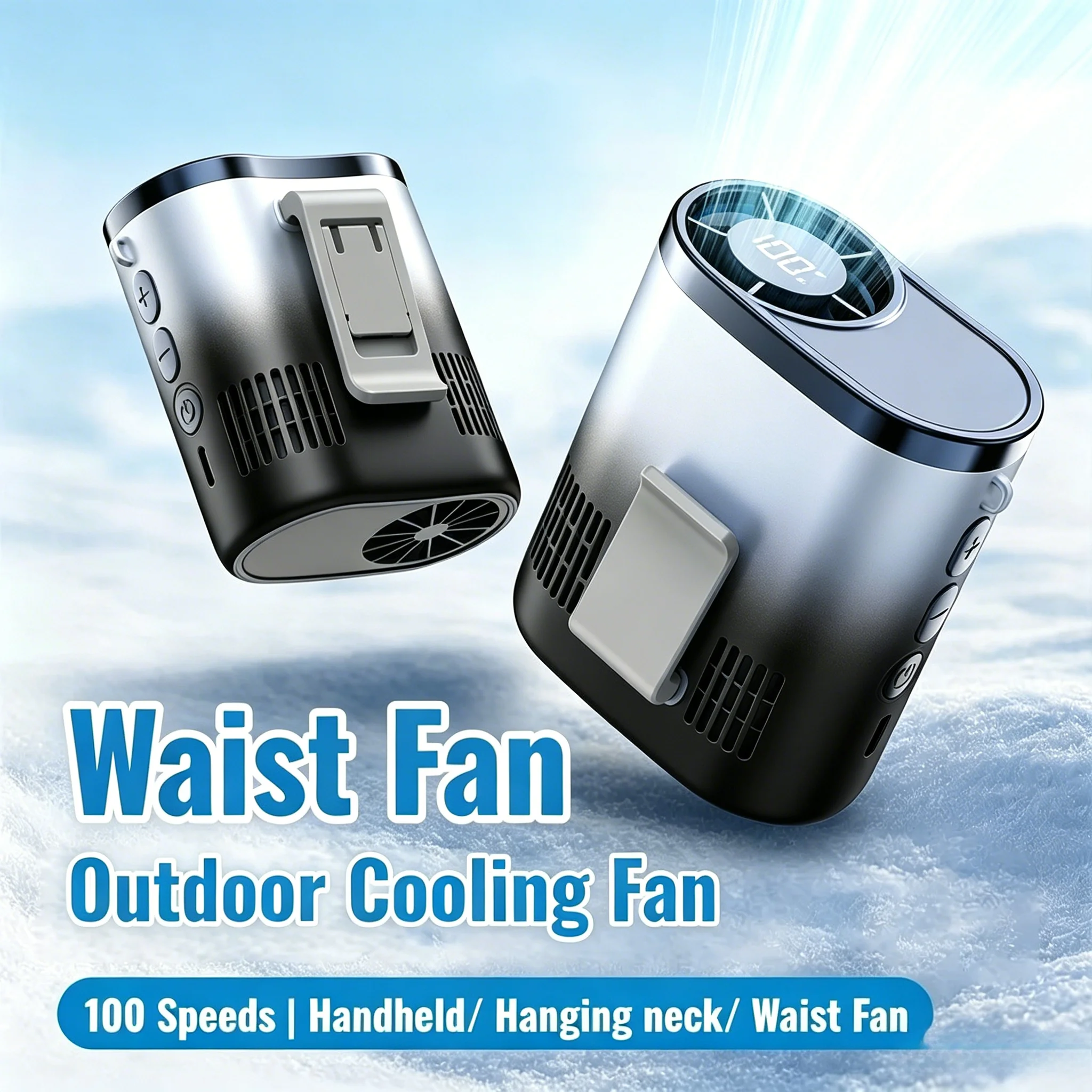 

Portable Waist Fan 100-Speed Strong Wind Rechargeable Neck Fan Quiet Long Battery Life Clip-on Fan for Outdoor Hiking