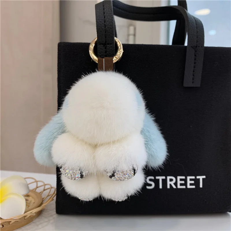 2024 Real Mink Fur Bunny Fur Pendant Bag Jewelry Key Chain Plush Pendant Trumpet Cute Cute Rabbit Children Animal Cartoon Doll