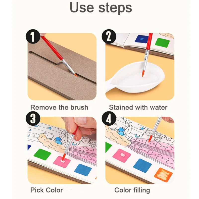 Libro de pintura de acuarela lavable para niños, libro para colorear con pegatinas reutilizables con pinceles, juguete educativo de arte para Aprendizaje Temprano