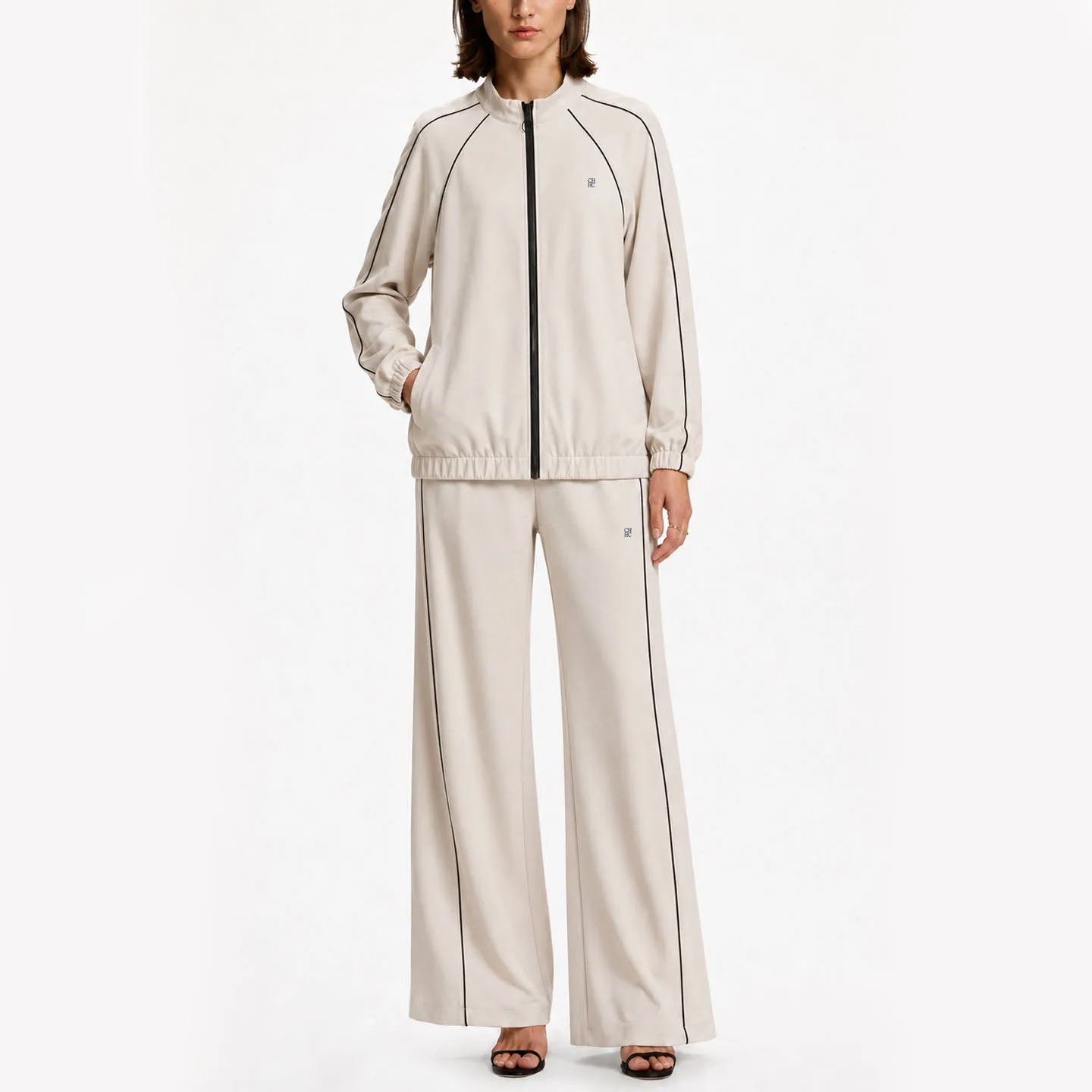 CH Damen Zweiteiliger Trainingsanzug mit Reißverschlussjacke und Weiten Hosen, Lässiger Sportanzug für Frühling und Herbst – Detail 6