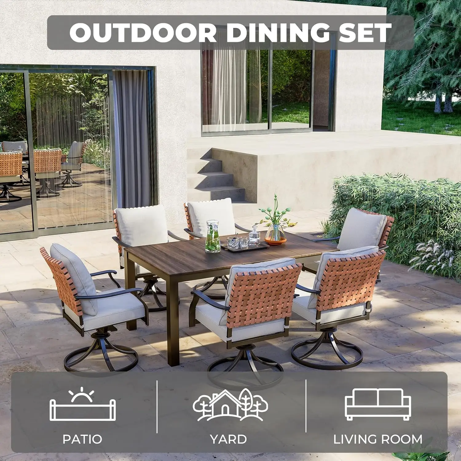 Grand patio 7-Piece Outdoor Dining Set 6 Leather-Look Wicker Swivel Patio Chairs & 1 Rectangular Dining Table Brown