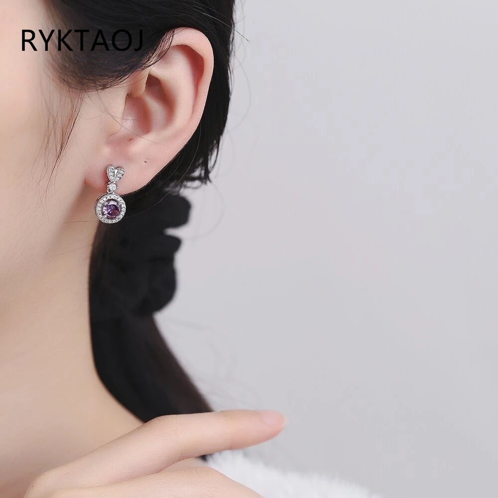 925 Sterling Silver Purple Round CZ Dangle Earrings for Women Heart‑Bail Halo Drop Earrings Bridal Party Fine Jewelry Gift
