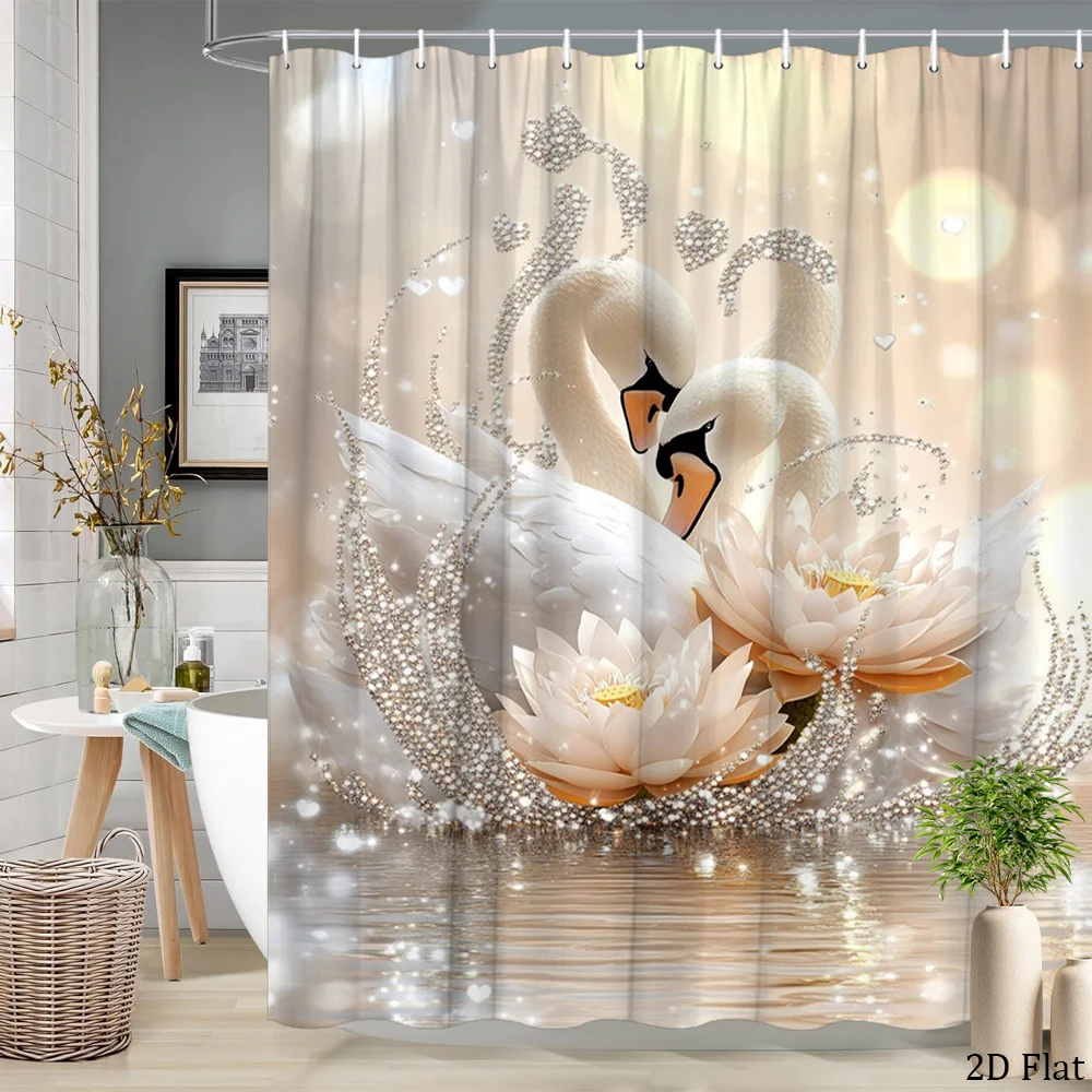 2D Flat, 1pc 2D Flat Elegant Swan Print Shower Curtain Bathroom Decor Bath Tub Divider with 12 Hooks 70.8x70.8 Inch Featuring Be