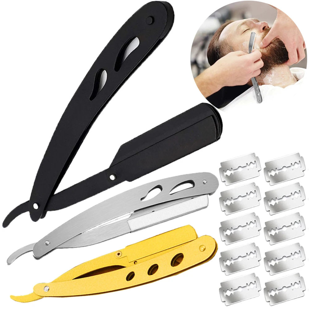 1set Shaving Trimming Knife Holder with 10pcs Shaving Blades Haircut Beard Eyebrow Shaver Tool Manual Folding Barber Knife Kit