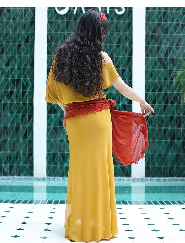 ชุดฝึกเต้นหน้าท้องสำหรับผู้หญิงชุดฝึกเต้นหน้าท้องพิมพ์ลายชุดกระโปรงสำหรับการแสดงแบบตะวันออก