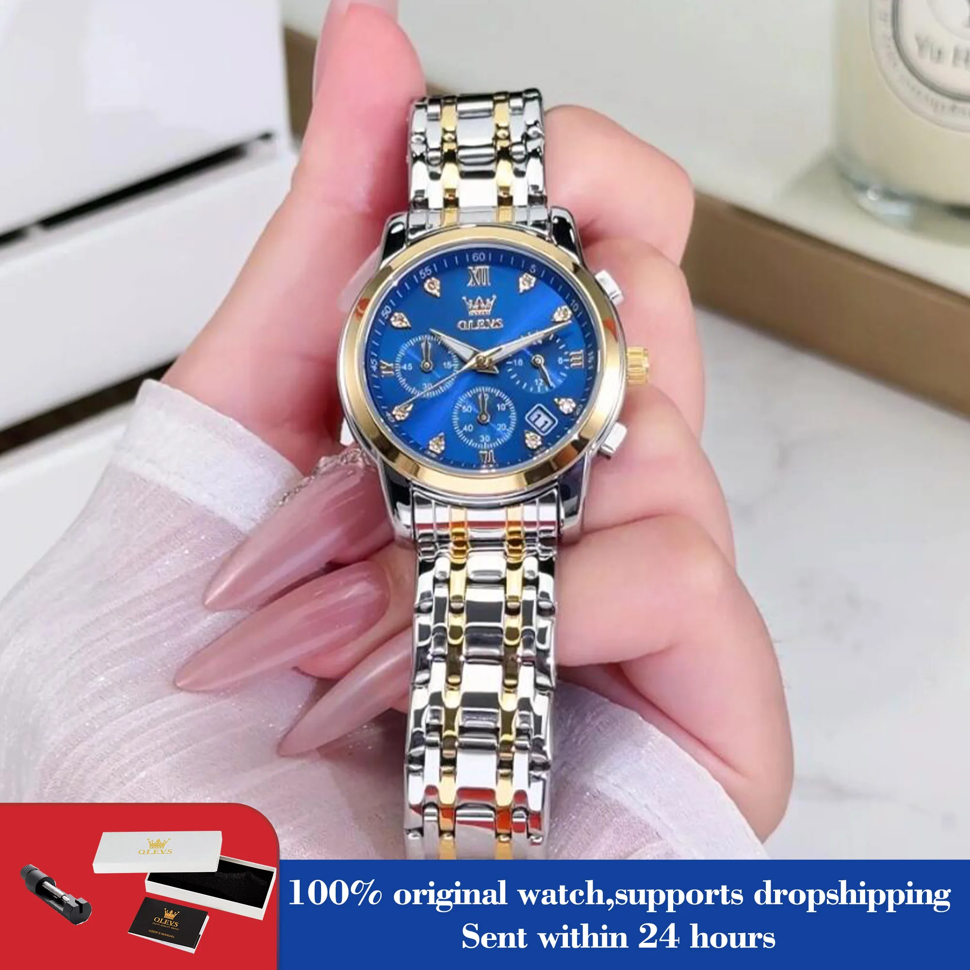 

OLEVS 2858 женские часы, роскошные водонепроницаемые кварцевые часы с датой для женщин, хронограф с бриллиантовой шкалой, деловые ручные часы, стальной ремешок