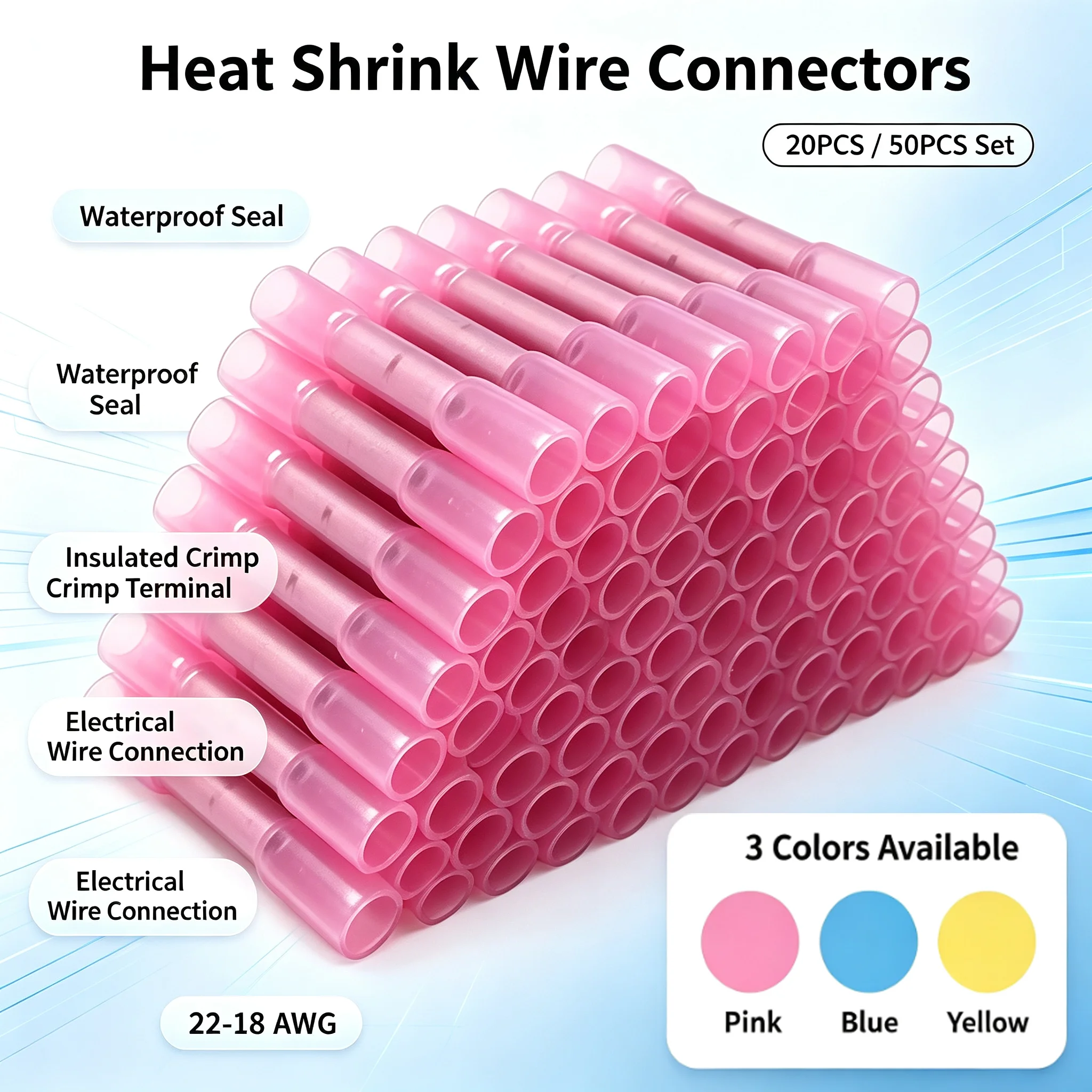 HeatShrink Butt Wire Connector 22-18AWG Waterproof Insulated Crimp Terminal Pink/Blue/Yellow Electrical Cable Connector 20/50PCS