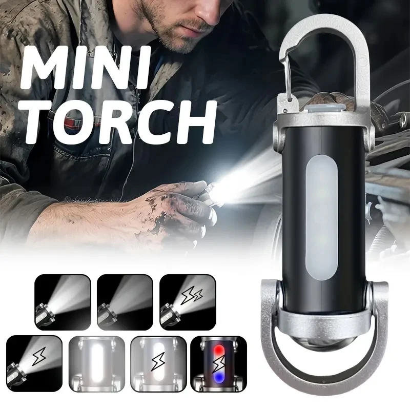 KDULIT LED COB Keychain Flashlight USB Rechargeable Portable Torch with Hook 7 Lighting Modes Lamp for Outdoor Emergency Work