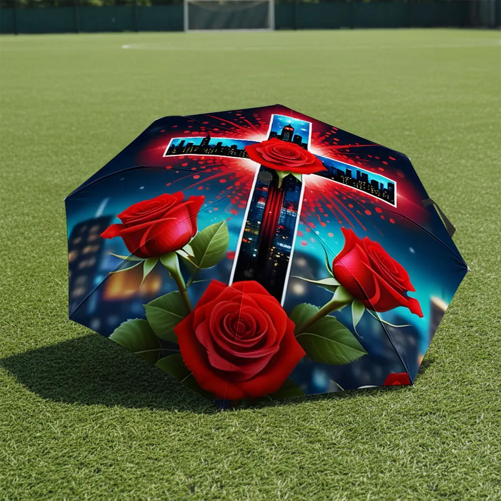 1P C Red Roses and Urban Skyline Umbrella Design Print 8 Iron Ribs Folding Umbrella Auto-Open Fashion Sunshade