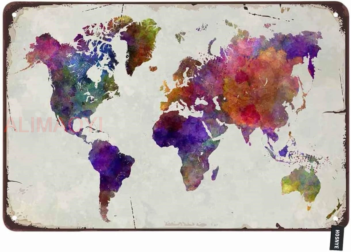 HOSNYE красочная карта мира жестяная вывеска винтажный постер с принтом континентов винтажные металлические жестяные вывески для мужчин женщин настенное искусство ALIMAO