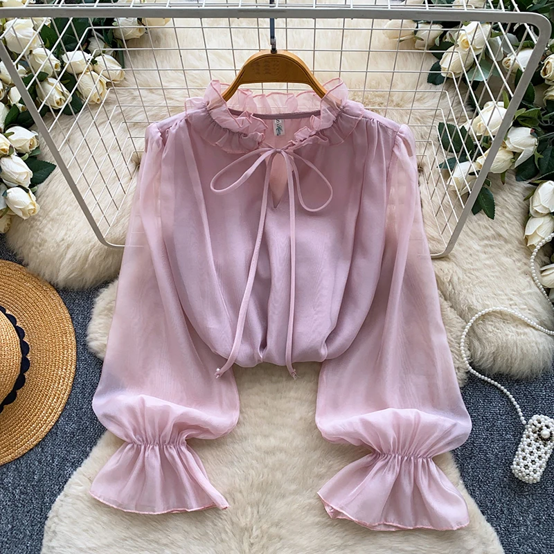 Spring Autumn Japanese Style Sweet Tie Bow Ruffle Edge Shirt Women New Long Sleeved Loose Pink Commuter Blouse Top F05