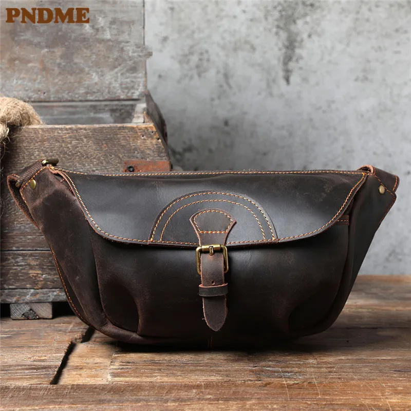 PNDME-Bolsa de Peito Multifuncional de Couro Real Vintage Masculino, Couro De Cavalo Louco Natural, Bolsa De Cintura, Bolsa De Ombro, Designer De Moda