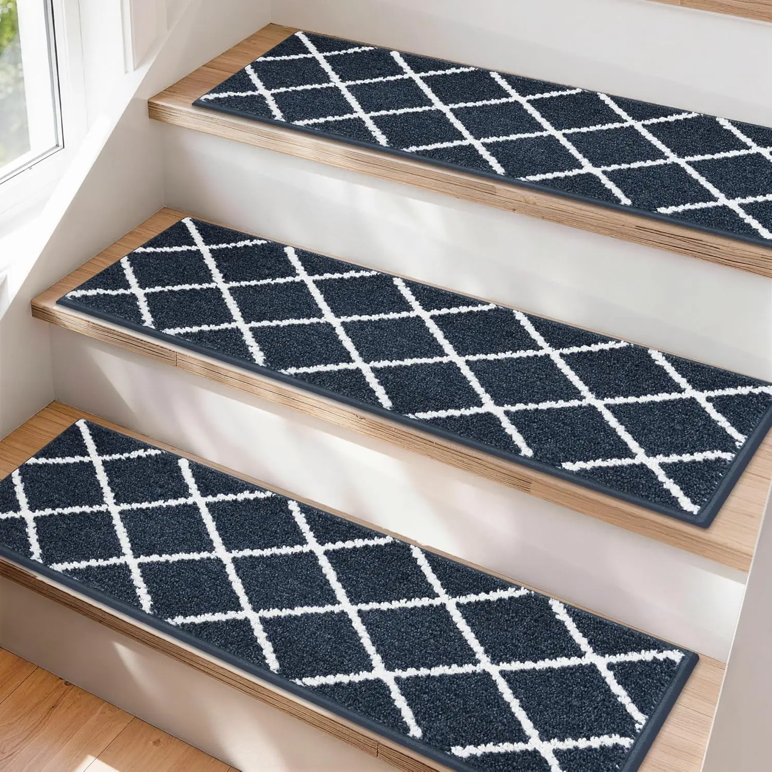 

Non-Slip Stair Treads 28x9in Indoor Carpet Mats for Wood Steps, 15pcs Navy, Safe for Kids & Pets