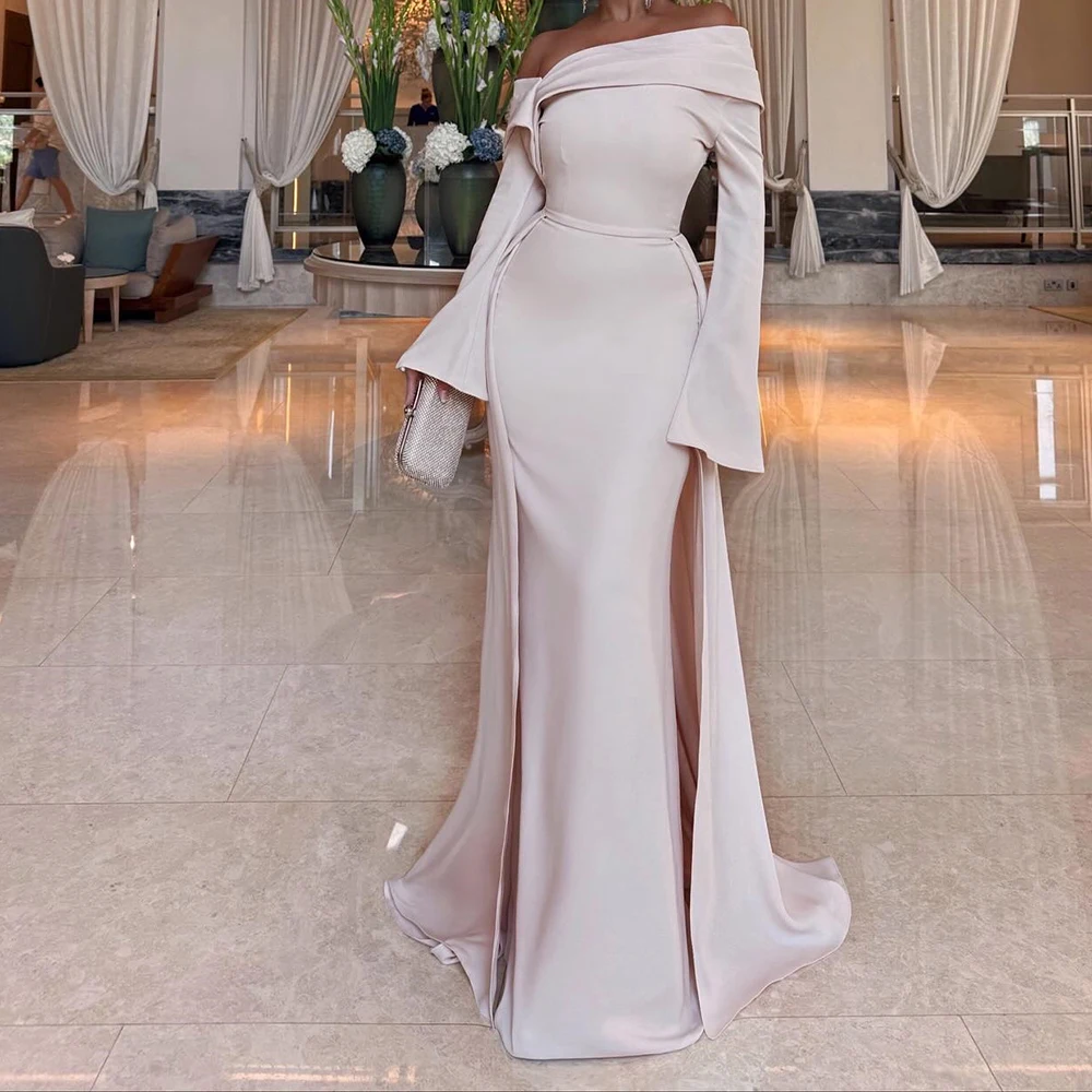 

Customized Mermaid Evening Dresses Floor-length Off The Shoulder Full Sleeve Prom Gown Fashion Pleat Simple Draped Party Gown