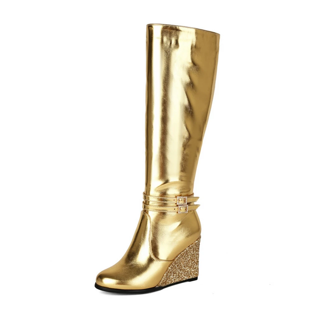 Women Metallic Mirror Leather Knee High Boots Side Zip Glitter Wedge Heel Buckle Strap Tall Fashion Boots EU 32-43 9301